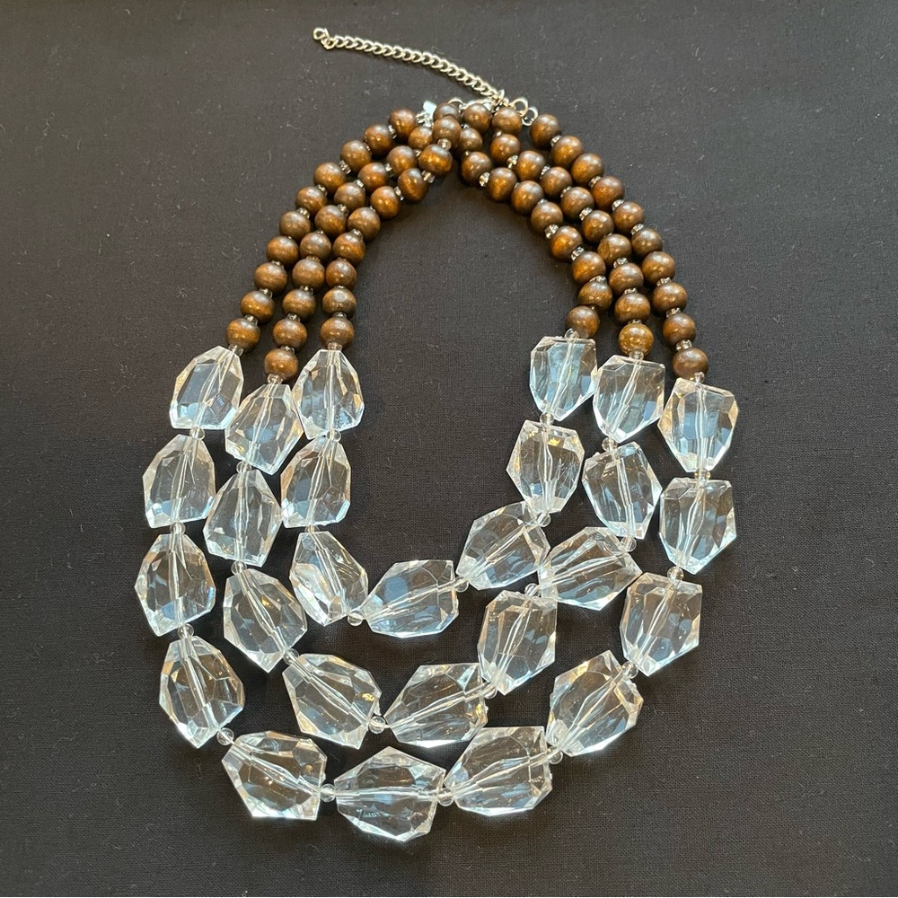 Beautiful and Unique Wood Bead and Clear Crystal Multi-Strand Necklace